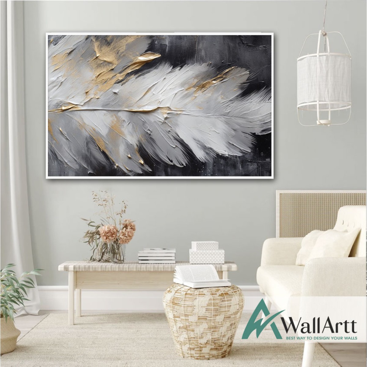 White Beige Feather 3D Heavy Textured Partial Oil Painting